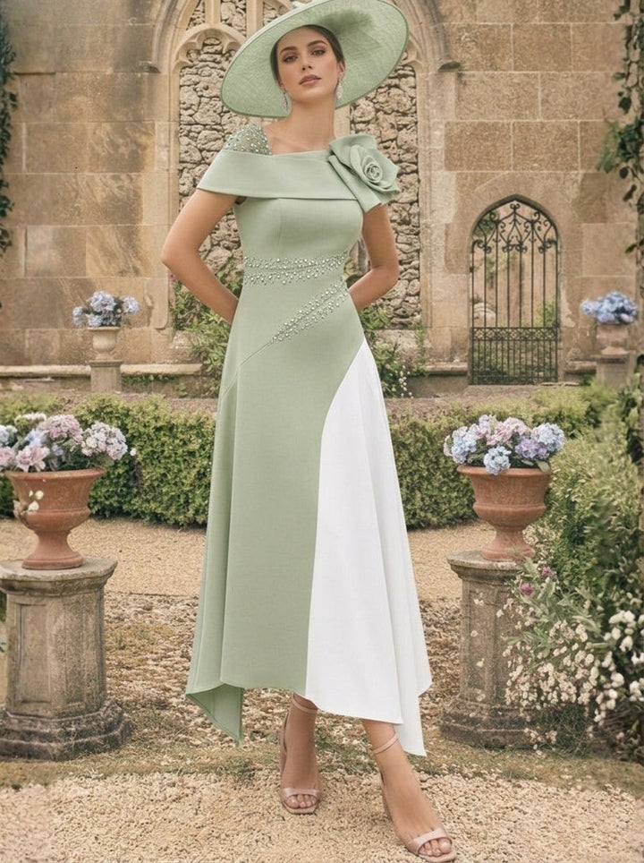 A-Line/Princess One-Shoulder Stretch Satin Mother of the Bride Dresses With 3D Flower Asymmetrical Ankle-Length