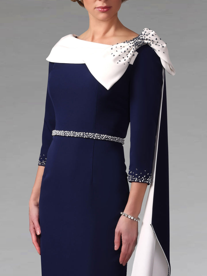Sheath/Column Off-the-Shoulder Tea-Length Mother of the Bride Dresses With Watteau Train & Bowknot