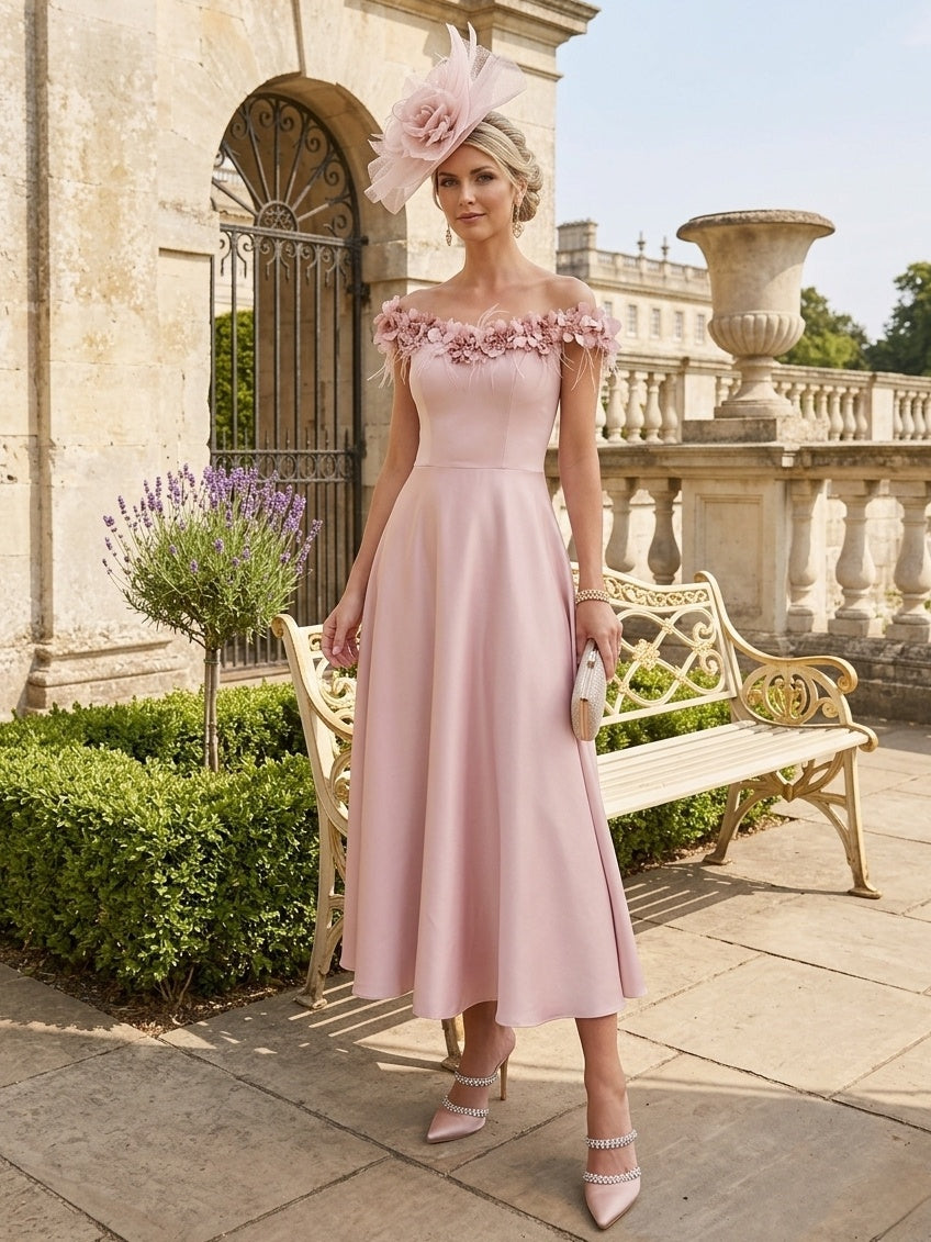 A-Line/Princess Off-the-Shoulder Stretch Satin Mother of the Bride Dresses Tea-Length Sleeveless WIth 3D Flowers