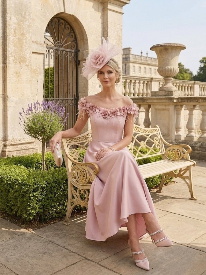 A-Line/Princess Off-the-Shoulder Stretch Satin Mother of the Bride Dresses Tea-Length Sleeveless WIth 3D Flowers