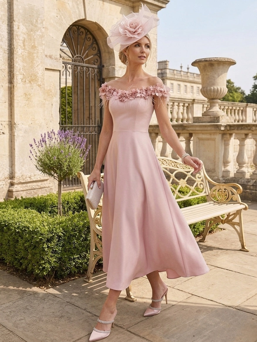 A-Line/Princess Off-the-Shoulder Stretch Satin Mother of the Bride Dresses Tea-Length Sleeveless WIth 3D Flowers