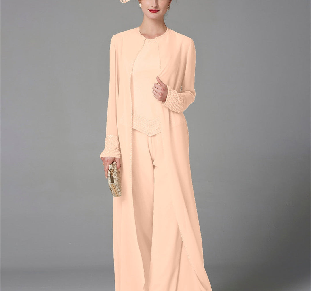 Chiffon Long Sleeves Mother of the Bride Pantsuits with Jacket & Sequins