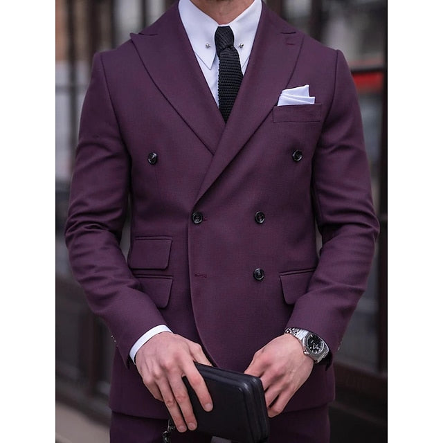Men's Tailored Fit Double Breasted Six-buttons 2 Pieces Solid Coloured Wedding Suits
