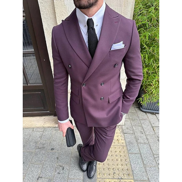 Men's Tailored Fit Double Breasted Six-buttons 2 Pieces Solid Coloured Wedding Suits