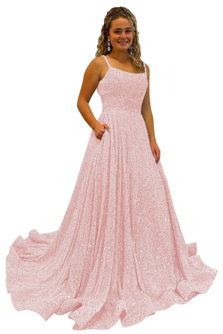 A-Line/Princess Spaghetti Straps Prom Dresses with Sequin