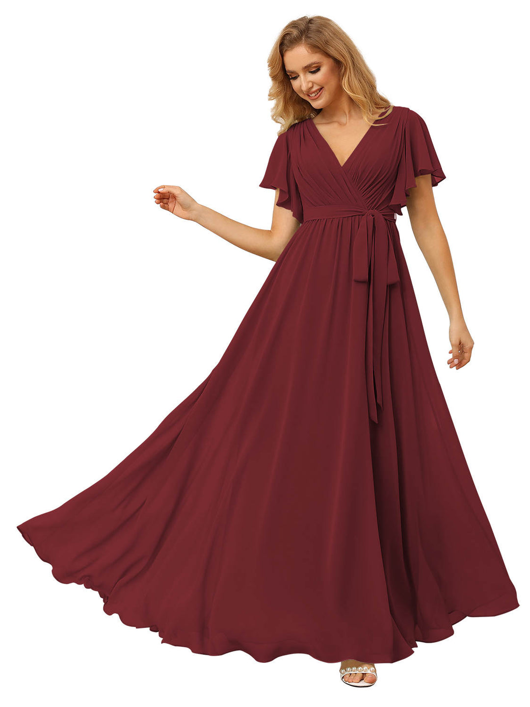 A-Line/Princess V-neck Short Sleeves Floor-Length Bridesmaid Dress with Ruffles