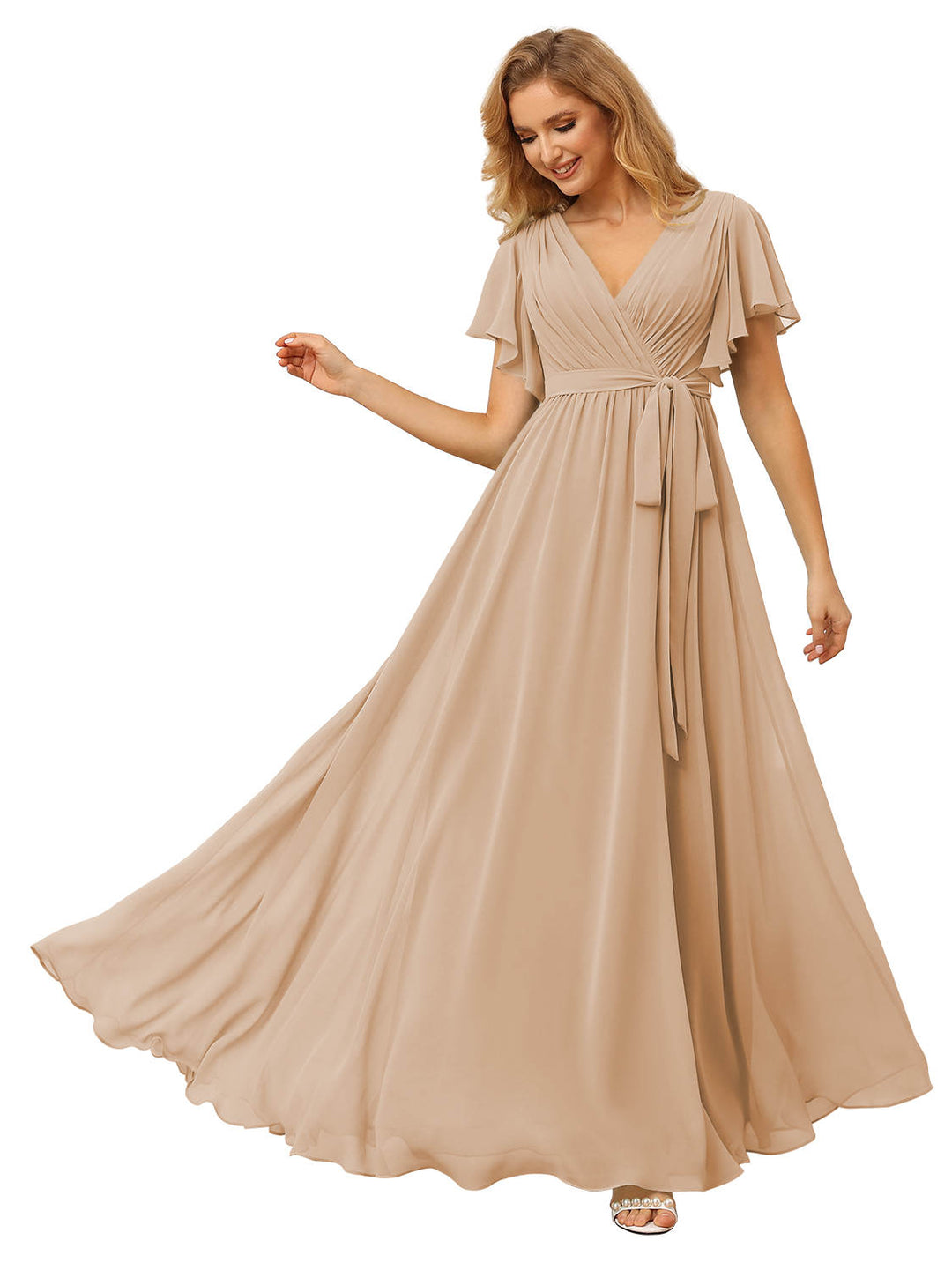 A-Line/Princess V-neck Short Sleeves Floor-Length Bridesmaid Dress with Ruffles