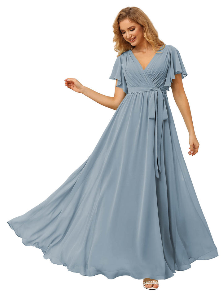 A-Line/Princess V-neck Short Sleeves Floor-Length Bridesmaid Dress with Ruffles