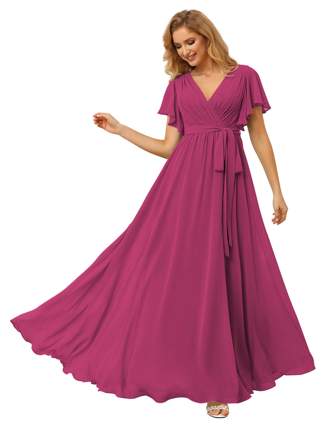 A-Line/Princess V-neck Short Sleeves Floor-Length Bridesmaid Dress with Ruffles