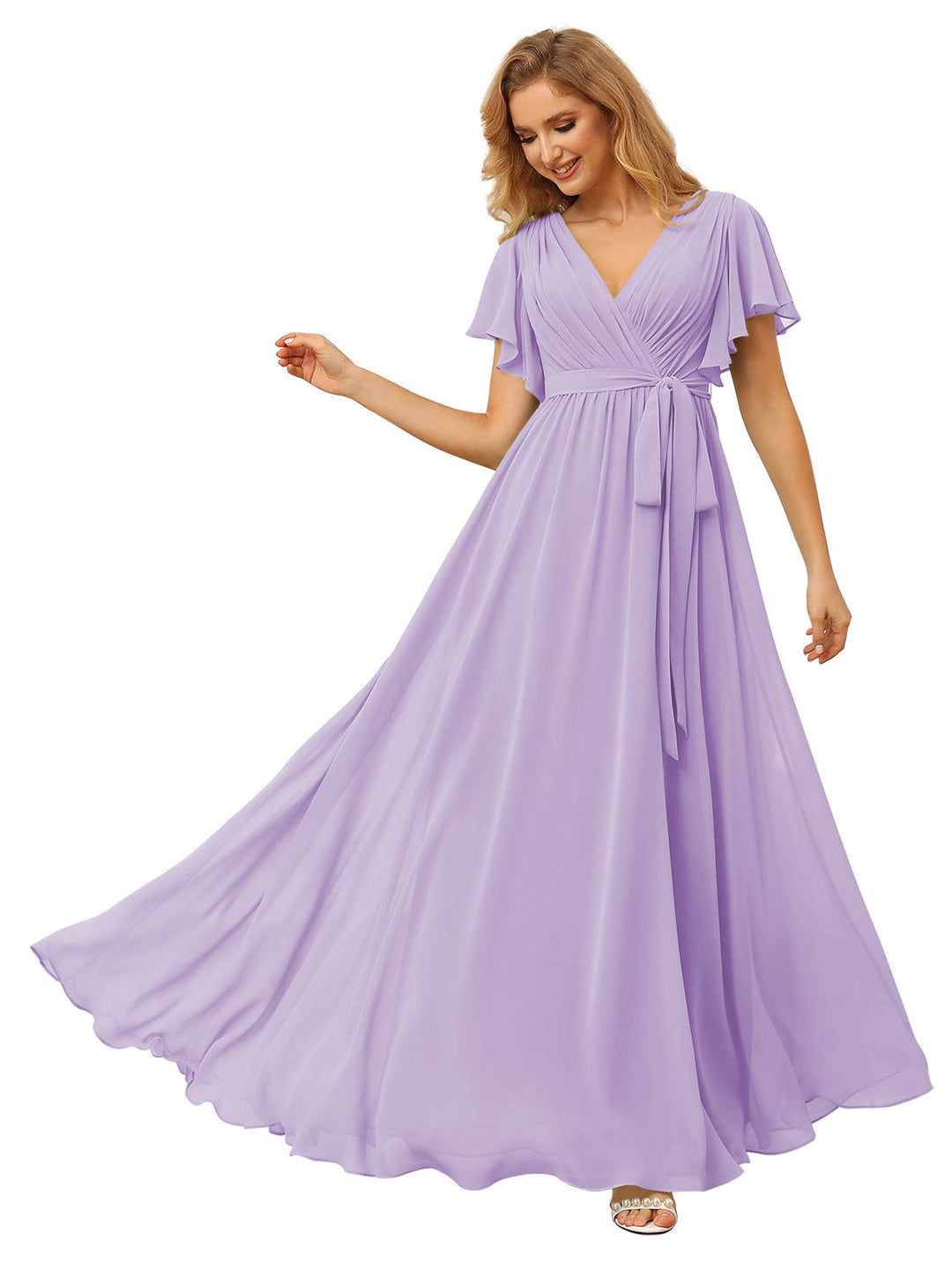 A-Line/Princess V-neck Short Sleeves Floor-Length Bridesmaid Dress with Ruffles