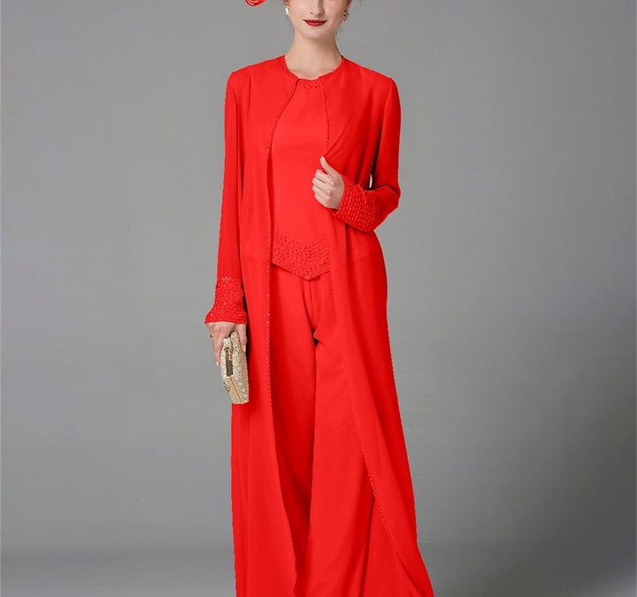 Chiffon Long Sleeves Mother of the Bride Pantsuits with Jacket & Sequins