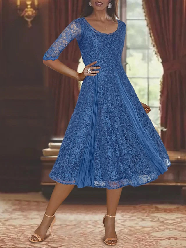 A-Line/Princess Scoop Half Sleeves Tea-Length Mother of the Bride Dresses with Appliques & Wrap