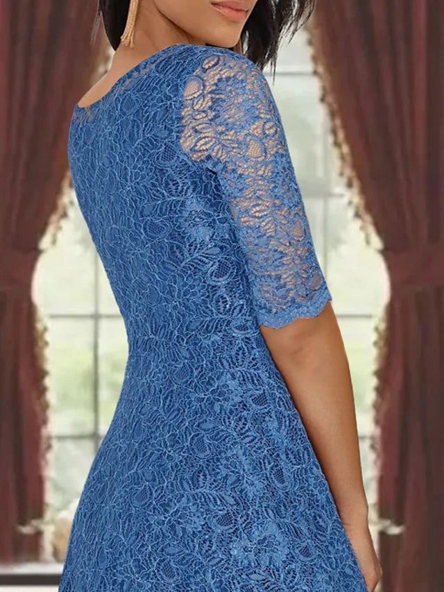 A-Line/Princess Scoop Half Sleeves Tea-Length Mother of the Bride Dresses with Appliques & Wrap