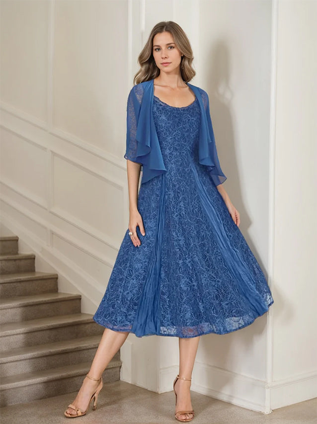 A-Line/Princess Scoop Half Sleeves Tea-Length Mother of the Bride Dresses with Appliques & Wrap