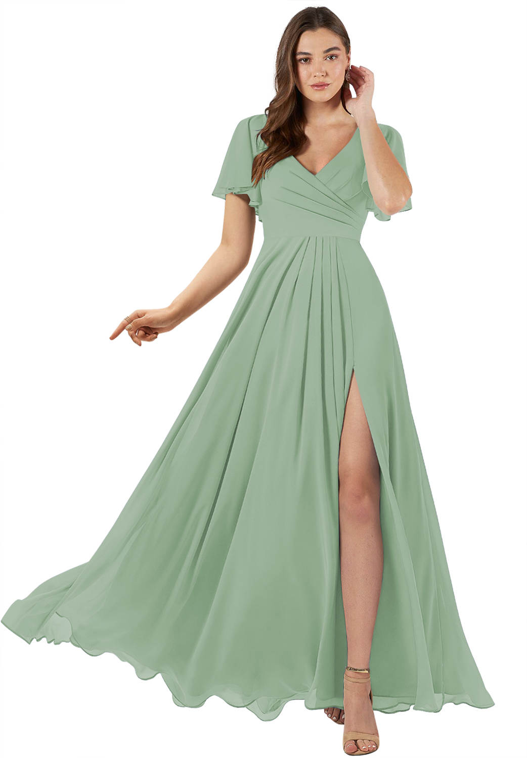 A-Line/Princess V-neck Short Sleeves Floor-Length Bridesmaid Dress