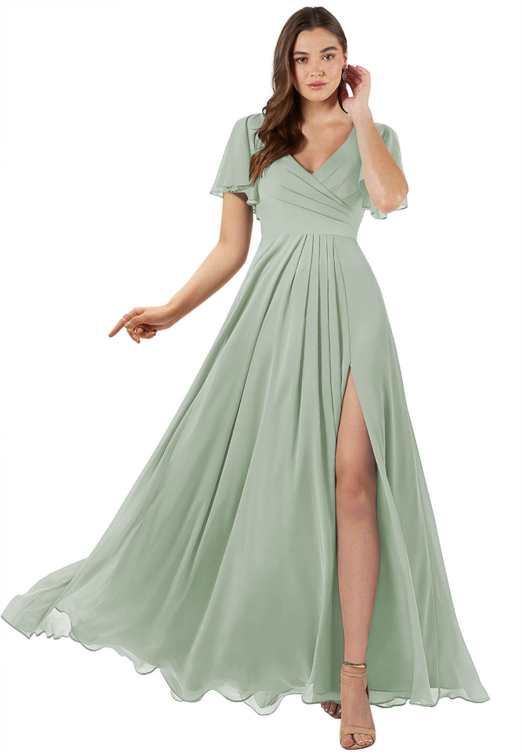 A-Line/Princess V-neck Short Sleeves Floor-Length Bridesmaid Dress