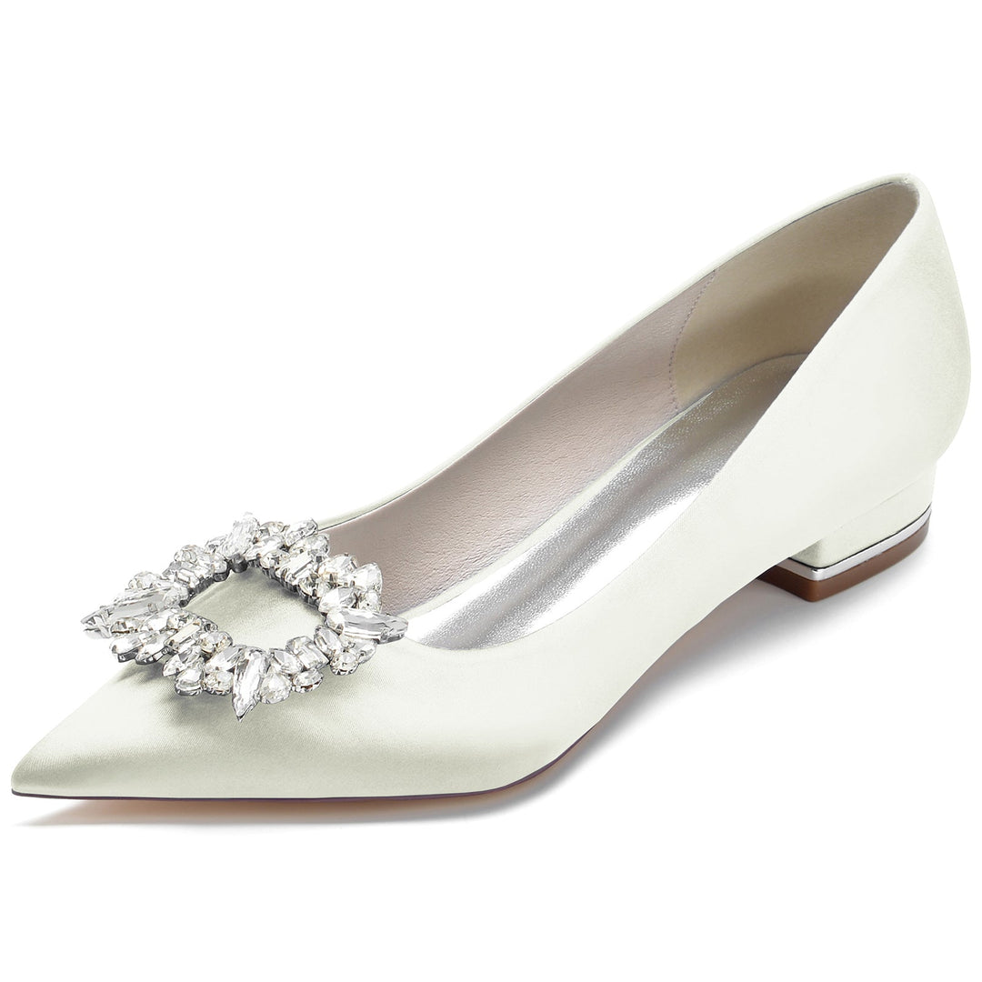 Women's Wedding Shoes Silk Satin Square Rhinestone Low Pointed Toe Bridal Shoes