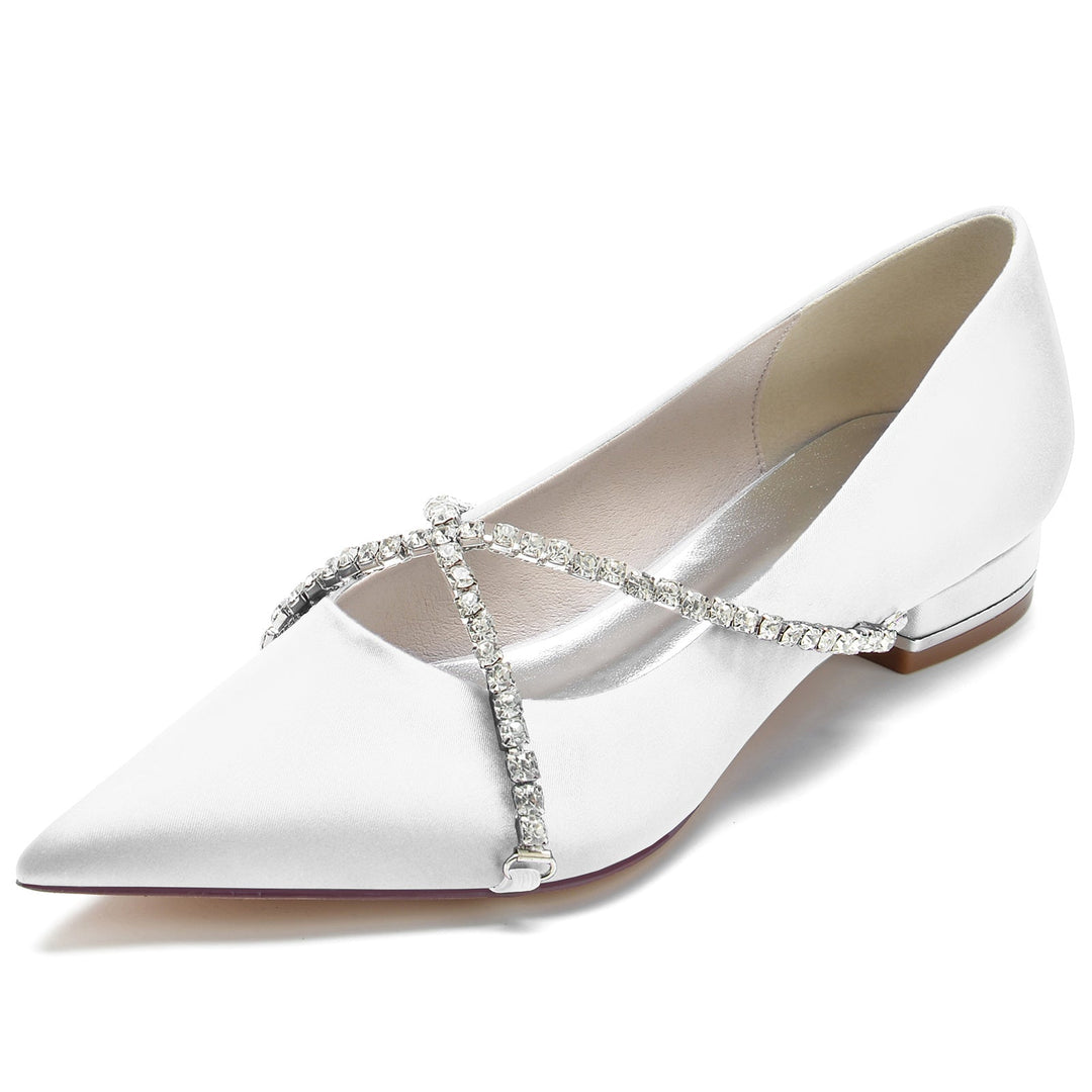 Women's Wedding Shoes Crossed Crystal Chain Low Pointed Toe Bridal Shoes