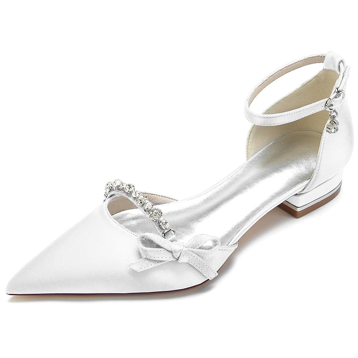 Women's Wedding Shoe Crystal Bow Silk Satin Pointed Toe Low Buckle Bridal Shoes