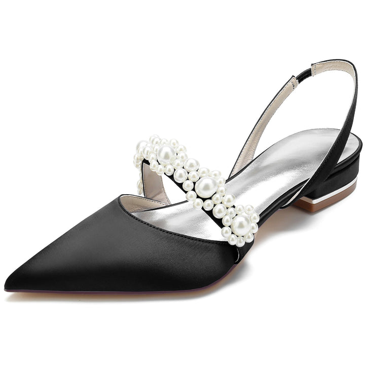 Women's Wedding Shoes Silk Satin White Pearl Low Pointed Toe Buckle Bridal Shoes