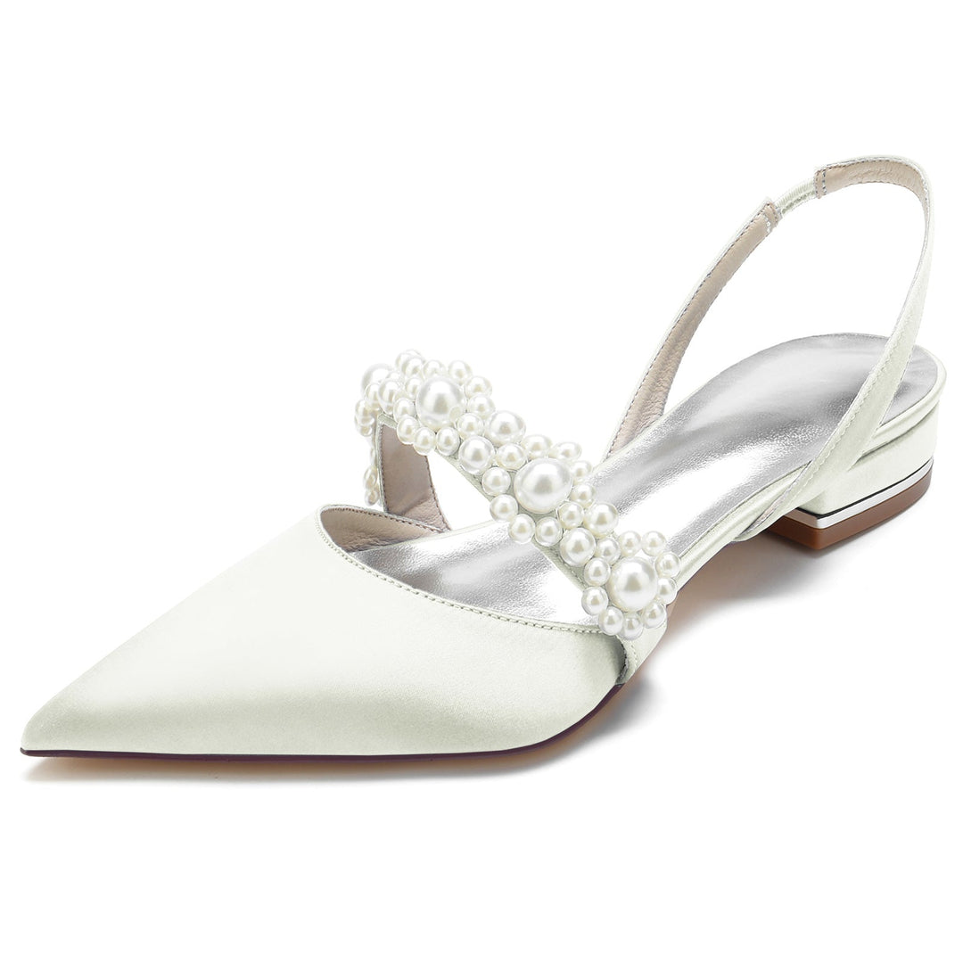 Women's Wedding Shoes Silk Satin White Pearl Low Pointed Toe Buckle Bridal Shoes