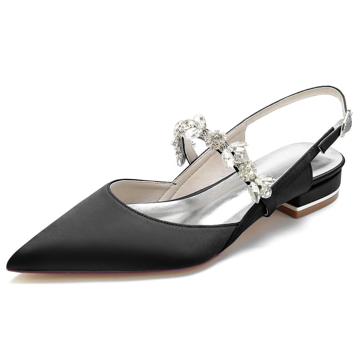 Women's Wedding Shoes Silk Satin Rhinestone Low Pointed Toe Buckle Bridal Shoes