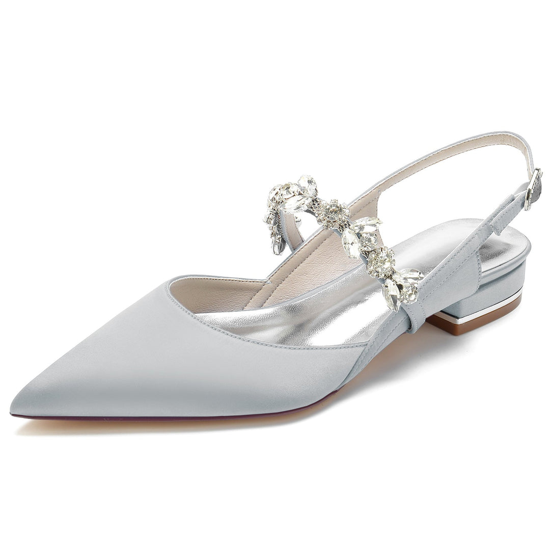 Women's Wedding Shoes Silk Satin Rhinestone Low Pointed Toe Buckle Bridal Shoes