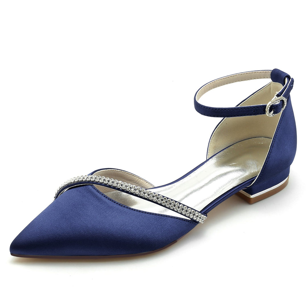 Women's Wedding Shoe Royal Blue Rhinestone Silk Satin Pointed Toe Low Buckle Bridal Shoes