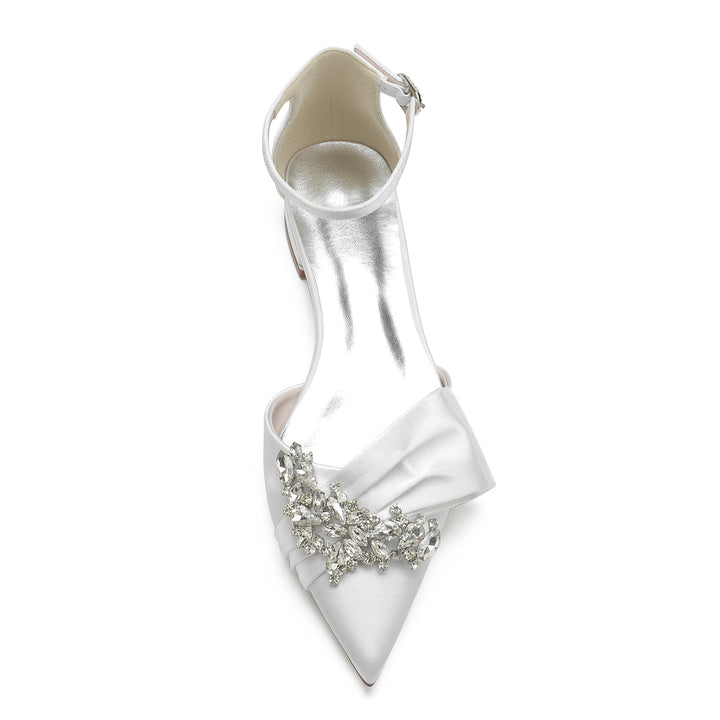 Women's Wedding Shoes White Rhinestone Silk Satin Bow Low Pointed Toe Bridal Shoes