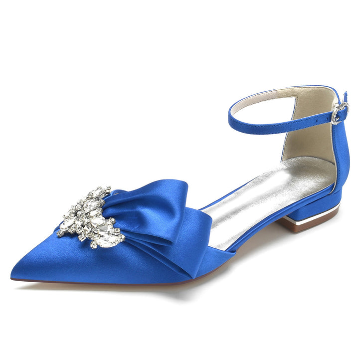 Women's Wedding Shoes White Rhinestone Silk Satin Bow Low Pointed Toe Bridal Shoes