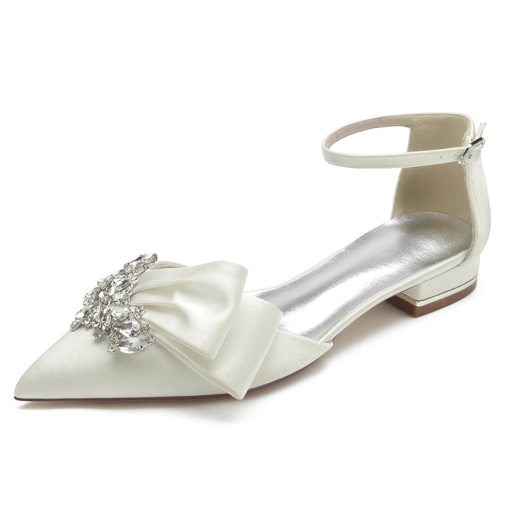 Women's Wedding Shoes White Rhinestone Silk Satin Bow Low Pointed Toe Bridal Shoes