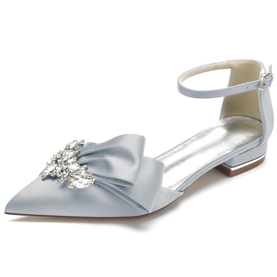 Women's Wedding Shoes White Rhinestone Silk Satin Bow Low Pointed Toe Bridal Shoes