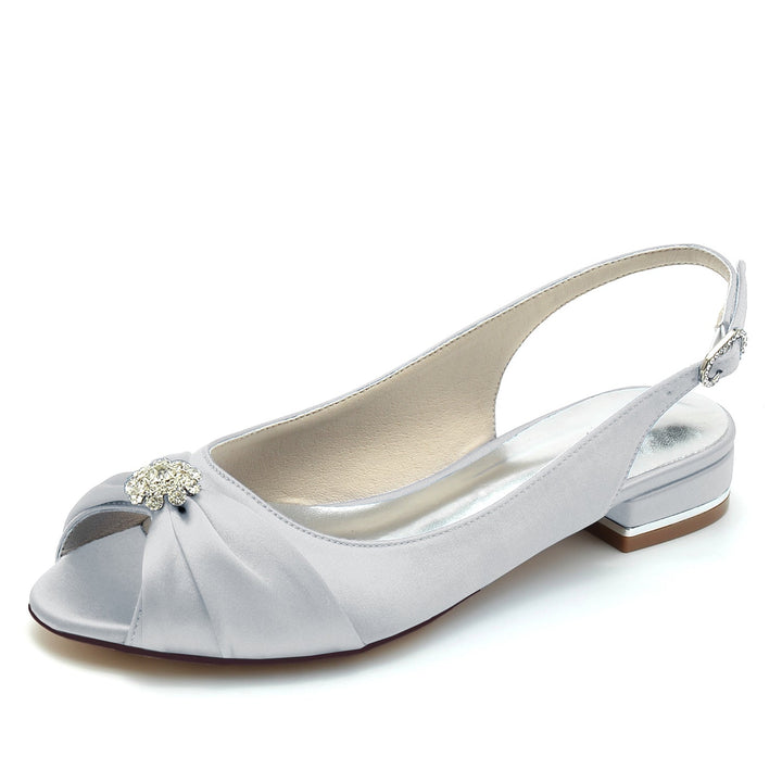 Women's Wedding Shoes Silk Satin Crystal Flower Low Peep Toe Buckle Bridal Shoes