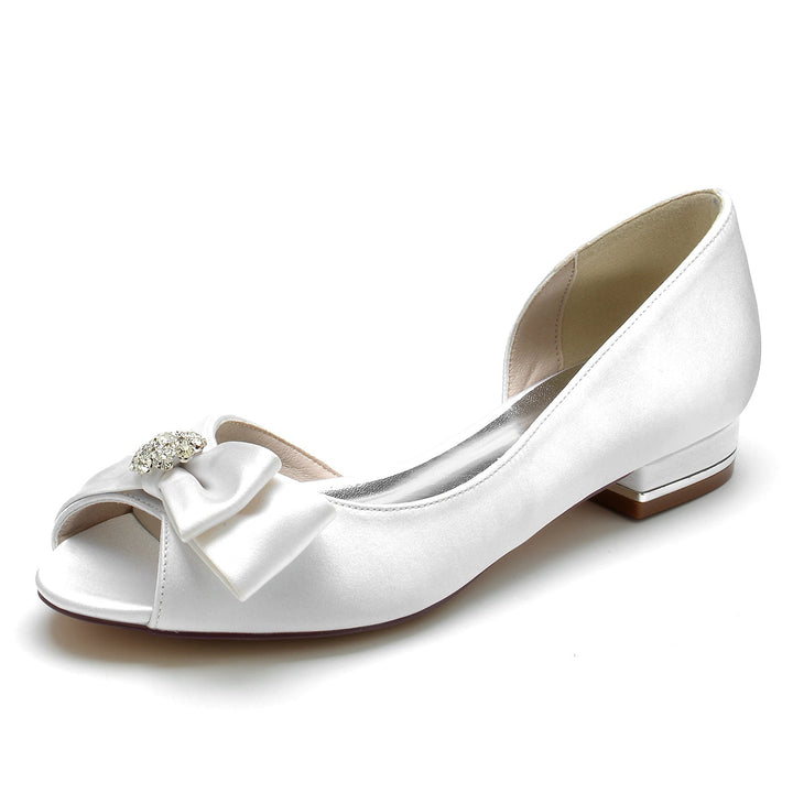 Women's Wedding Shoes Rhinestone Silk Satin Bow Low Peep Toe Bridal Shoes