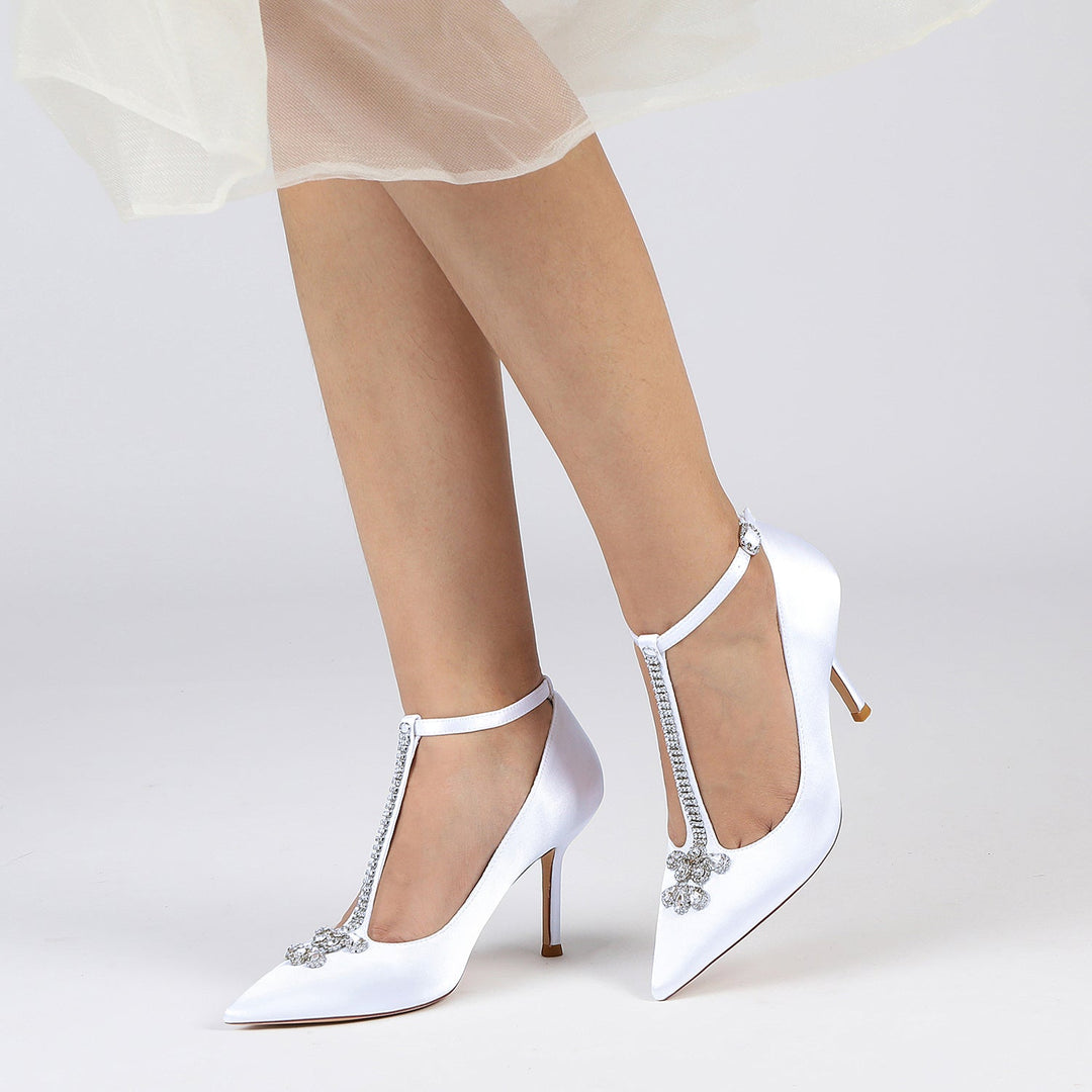 Women's Wedding Shoes Rhinestone Stiletto Heel Pointed Toe Buckle Bridal Shoes