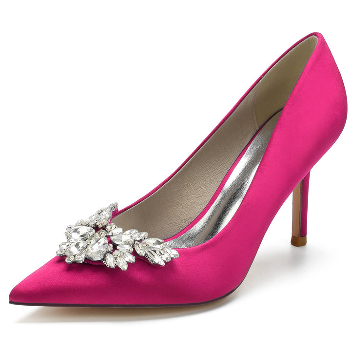 Women's Wedding Shoes Silk Satin Crystal Swing Stiletto Pointed Toe Bridal Shoes