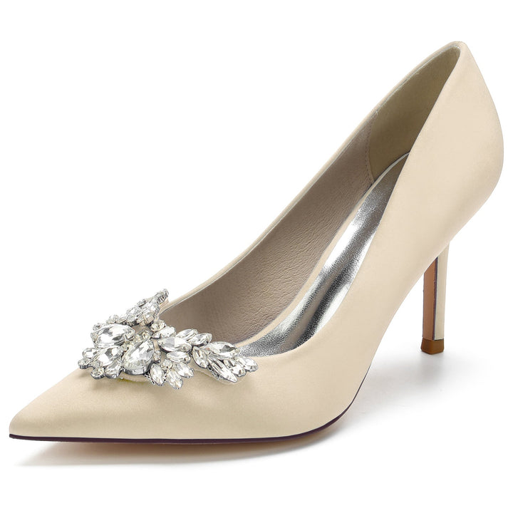 Women's Wedding Shoes Satin Crystal Swing Stiletto Pointed Toe Bridal Shoes