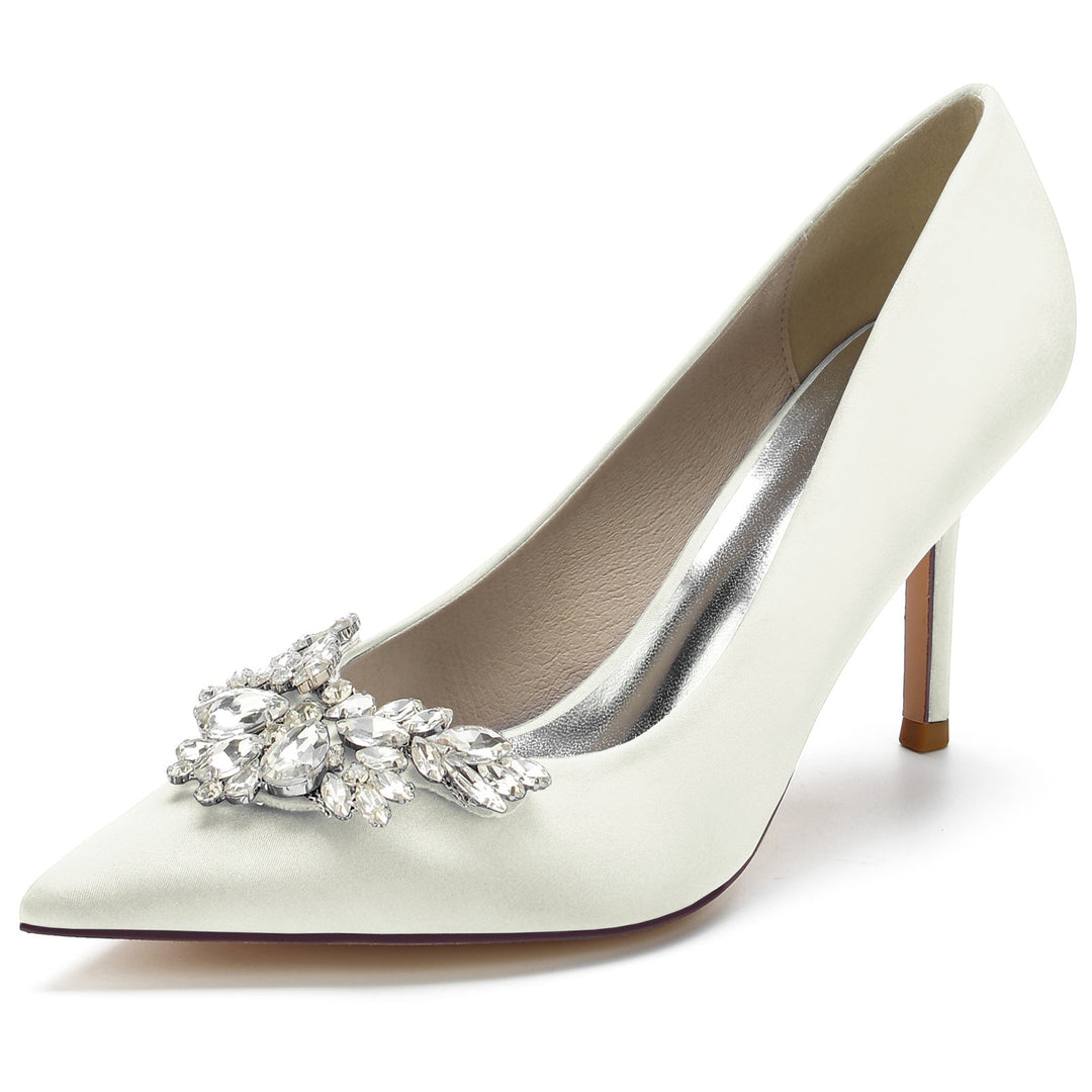 Women's Wedding Shoes Silk Satin Crystal Swing Stiletto Pointed Toe Bridal Shoes