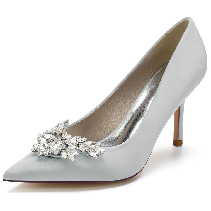 Women's Wedding Shoes Satin Crystal Swing Stiletto Pointed Toe Bridal Shoes