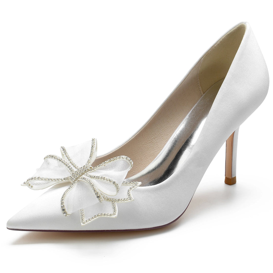 Women's Wedding Shoes Silk Satin Bow Stiletto Pointed Toe Minimalist Bridal Shoes