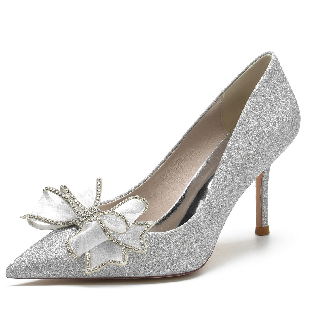 Women's Wedding Shoe Stiletto Glitter Pointed Toe Flower Bridal Shoes