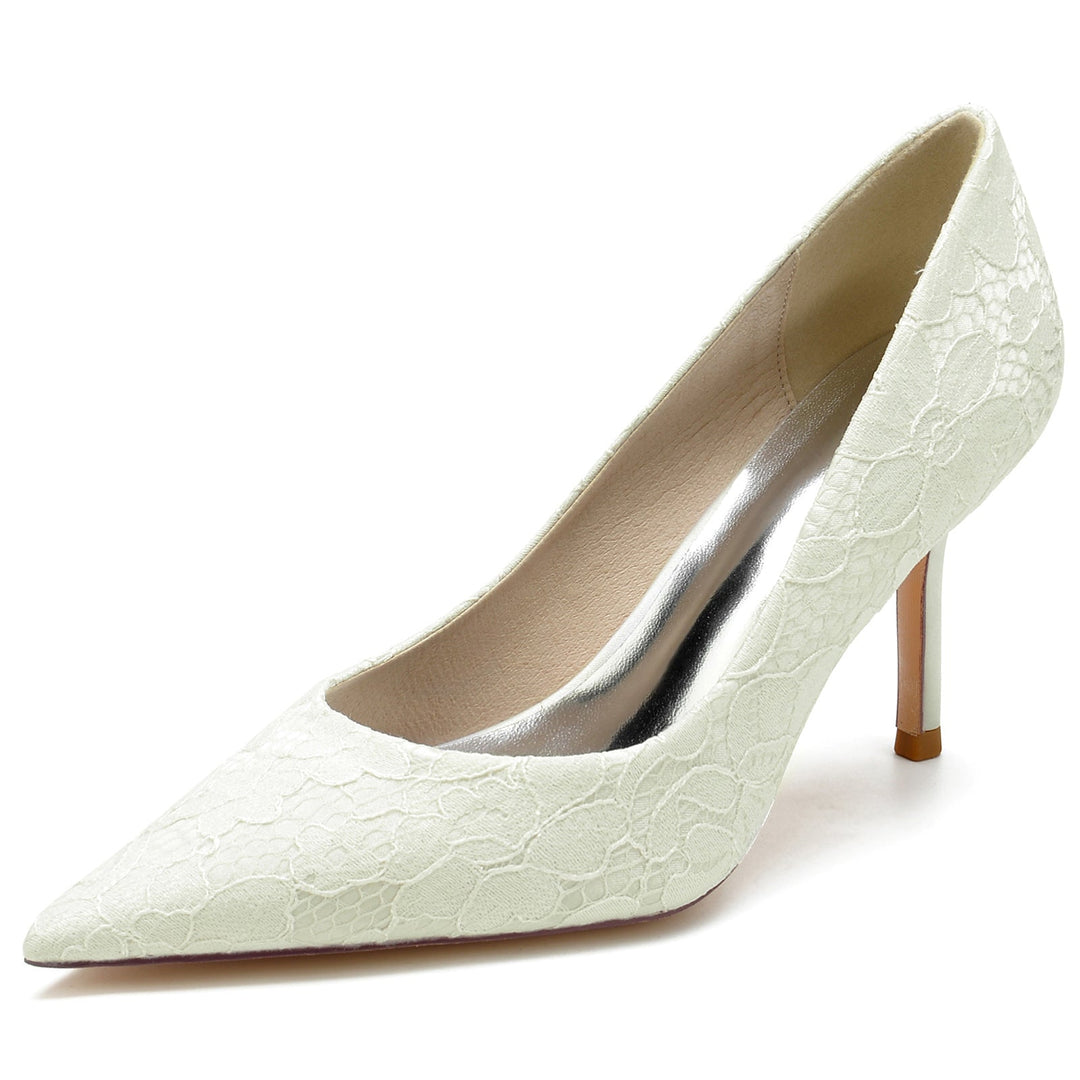 Women's Wedding Shoes White Satin Lace Stiletto Pointed Toe Bridal Shoes