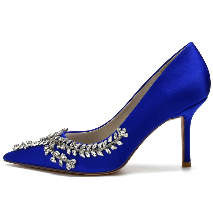 Women's Wedding Shoes Royal Blue Satin Crystal Stiletto Pointed Toe Bridal Shoes