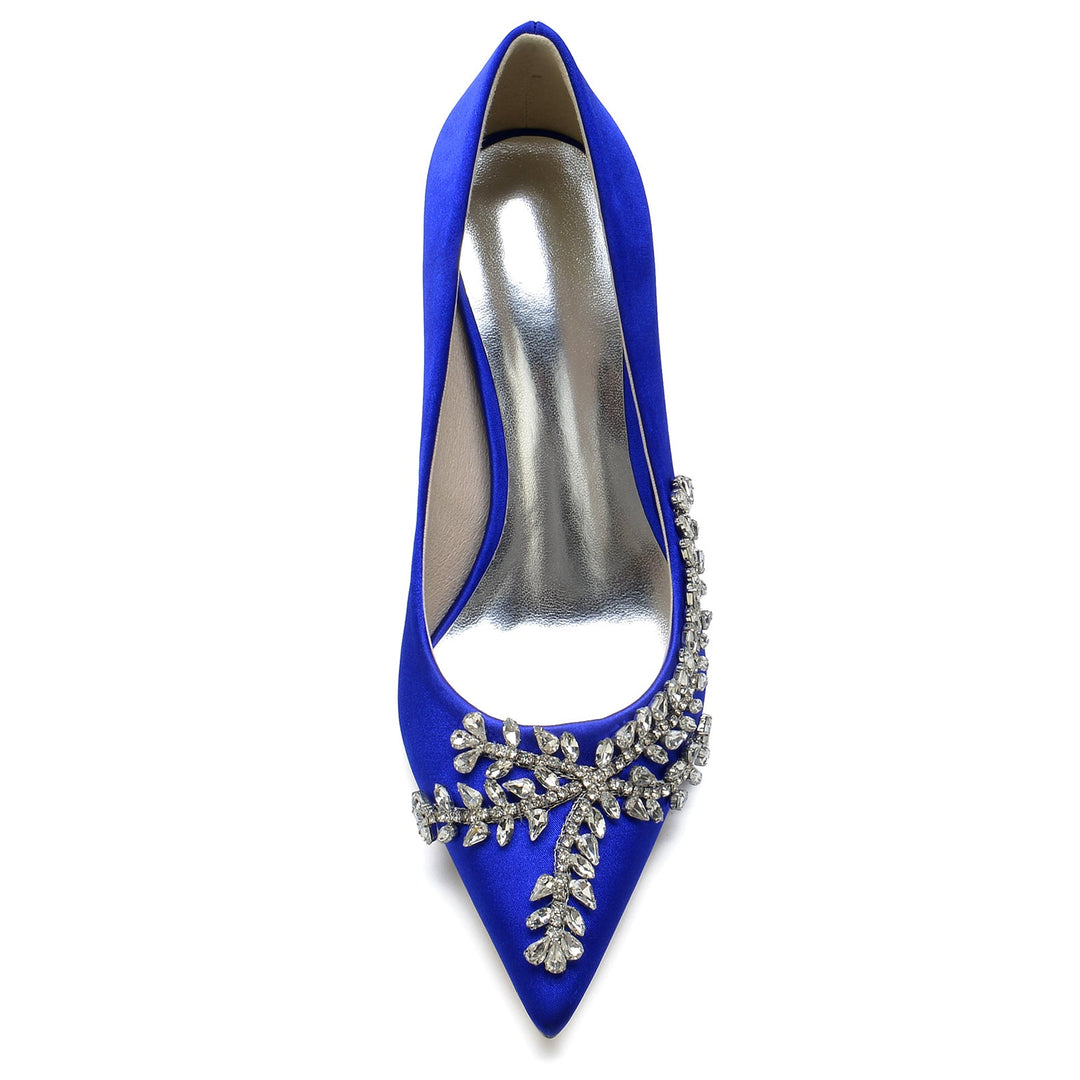 Women's Wedding Shoes Royal Blue Satin Crystal Stiletto Pointed Toe Bridal Shoes