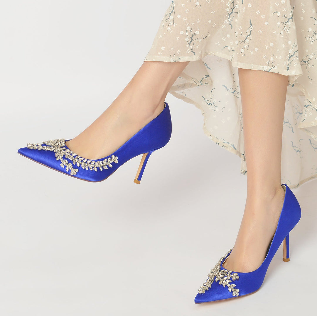 Women's Wedding Shoes Royal Blue Satin Crystal Stiletto Pointed Toe Bridal Shoes