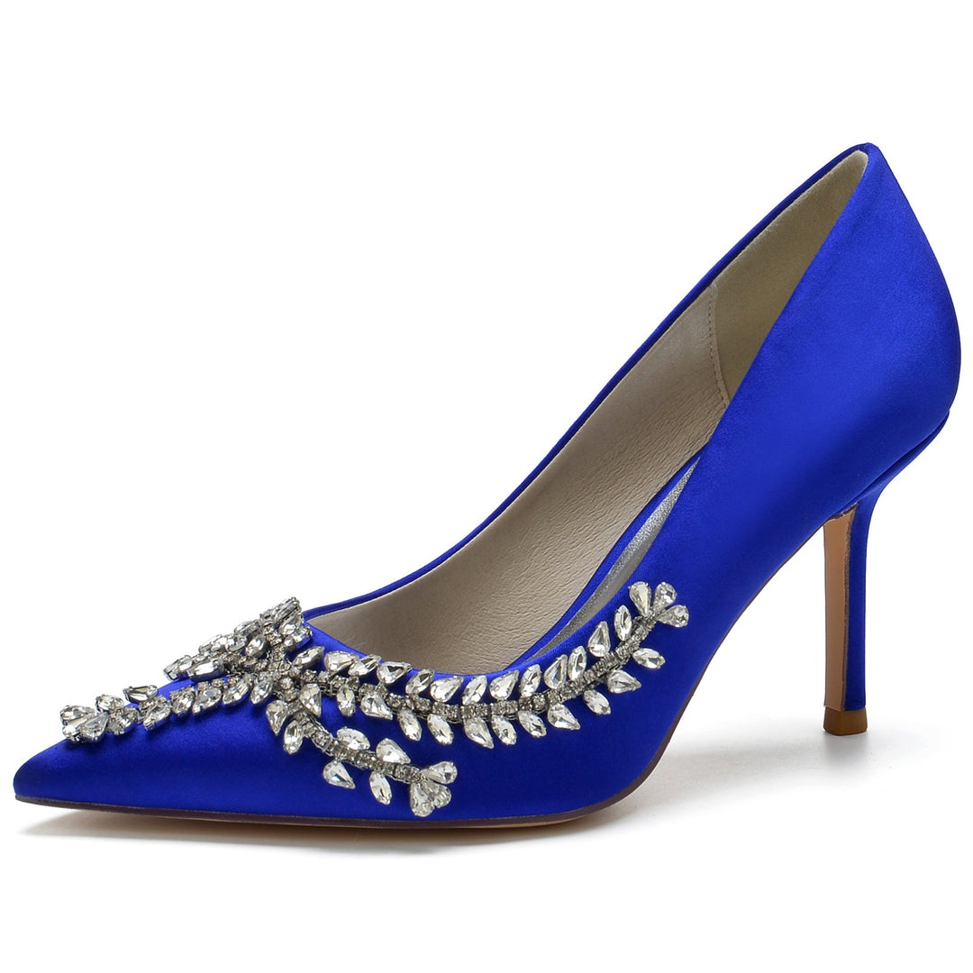 Women's Wedding Shoes Royal Blue Satin Crystal Stiletto Pointed Toe Bridal Shoes