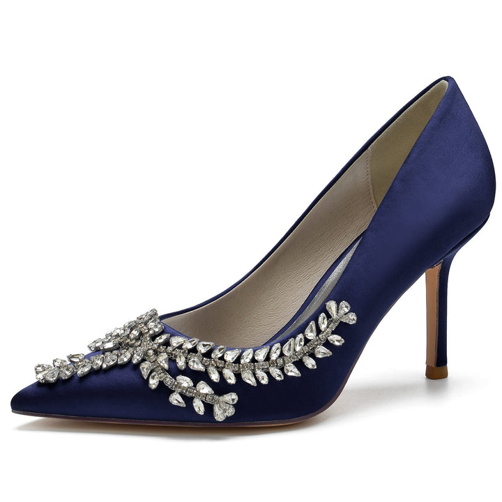 Women's Wedding Shoes Royal Blue Satin Crystal Stiletto Pointed Toe Bridal Shoes