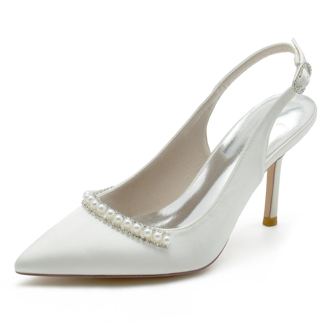 Women's Wedding Shoes Silk Satin White Pearl Stiletto Pointed Toe Buckle Bridal Shoes