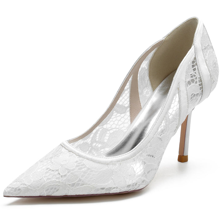 Women's Wedding Shoes Satin Stiletto Pointed Toe Lace Bridal Shoes