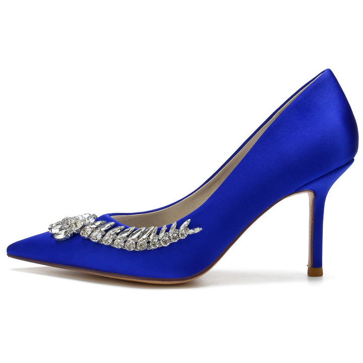 Women's Wedding Shoes Blue Satin Rhinestone Stiletto Pointed Toe Bridal Shoes